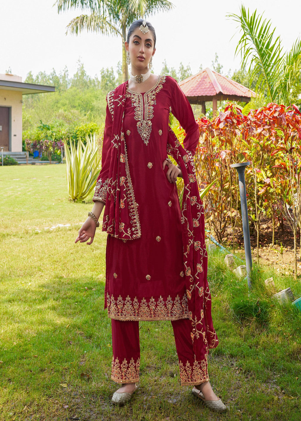 Teeya Creation Rani Color Chinon Silk Heavy Embroidery Work Fully Stitched Salwar Suit | Grocsy