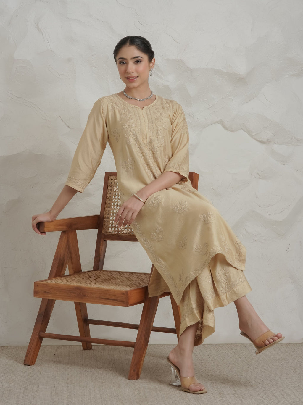 Gharana India Chanderi Beige Kurta Set With Embroidered Palazzo | Grocsy