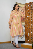 Kaajh Women's Peach-Orange Check Print Plus Size Cotton Kurta | Grocsy