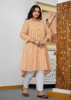 Kaajh Women's Peach-Orange Check Print Plus Size Cotton Kurta | Grocsy