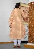 Kaajh Women's Peach-Orange Check Print Plus Size Cotton Kurta | Grocsy