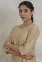 Gharana India Chanderi Beige Kurta Set With Embroidered Palazzo | Grocsy