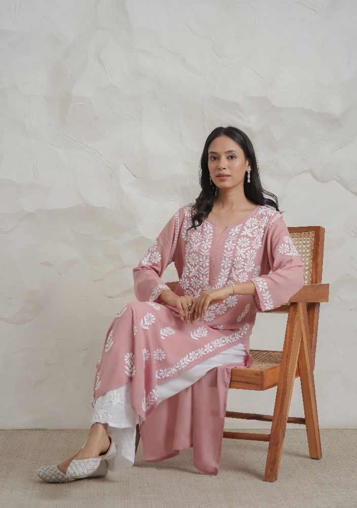 Gharana India Modal Onion Pink Coloured Chikankari Kurta | Grocsy