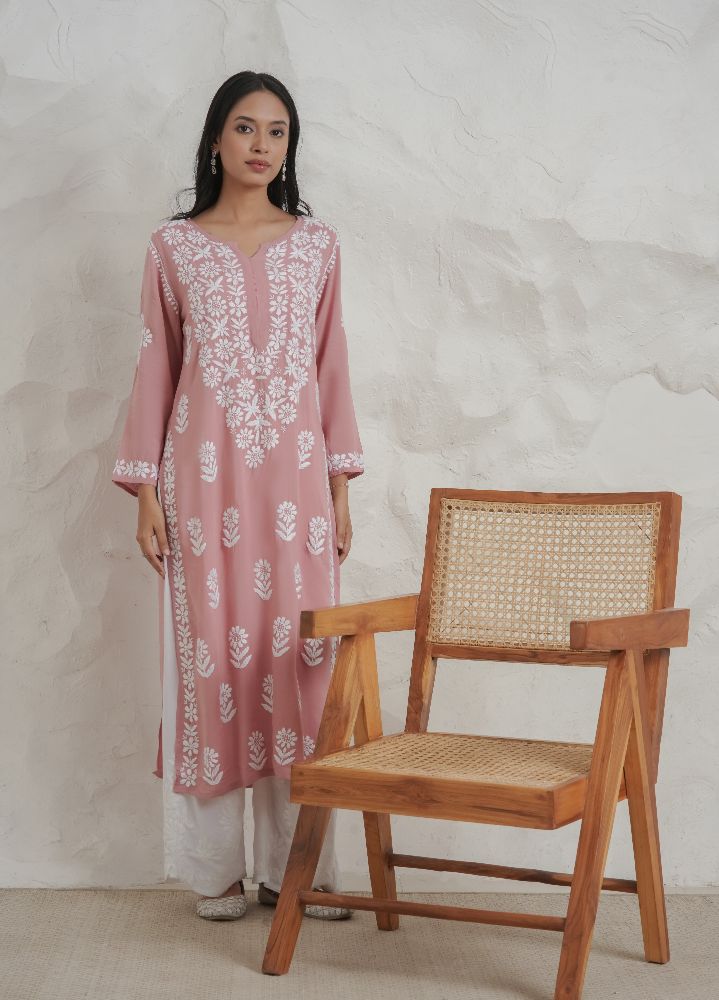 Gharana India Modal Onion Pink Coloured Chikankari Kurta | Grocsy