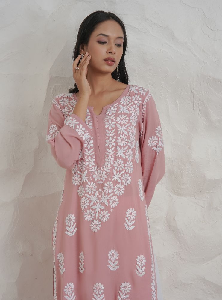 Gharana India Modal Onion Pink Coloured Chikankari Kurta | Grocsy
