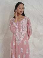Gharana India Modal Onion Pink Coloured Chikankari Kurta | Grocsy