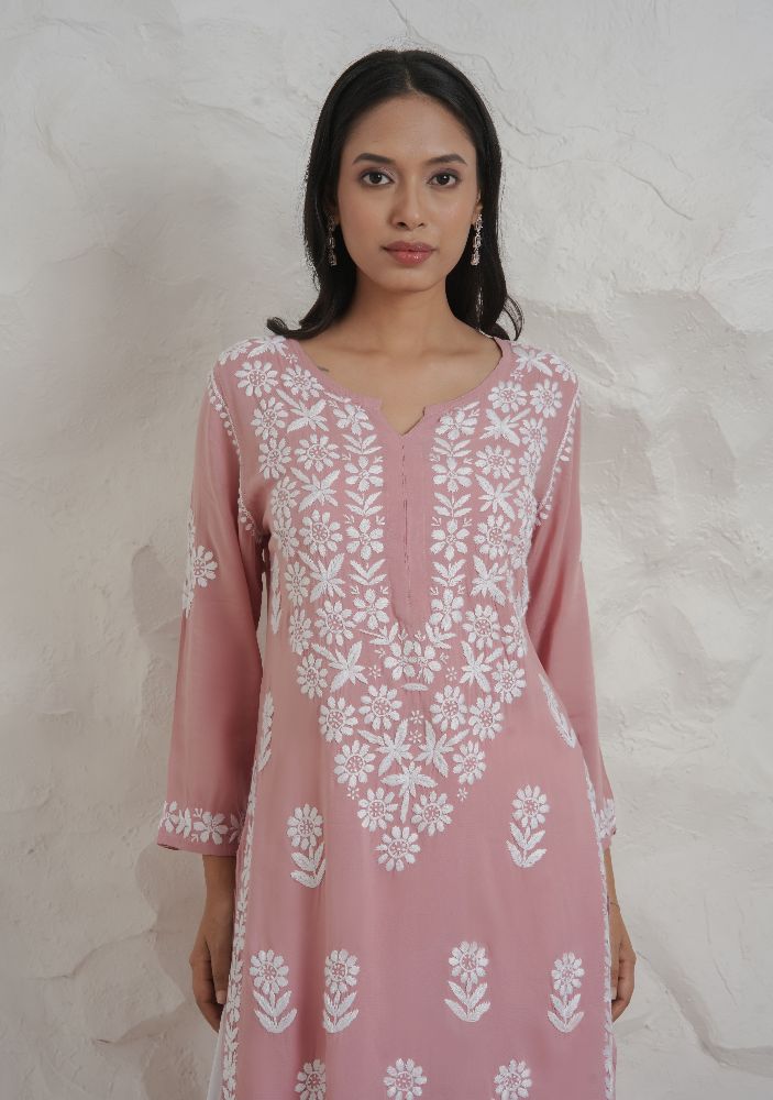 Gharana India Modal Onion Pink Coloured Chikankari Kurta | Grocsy