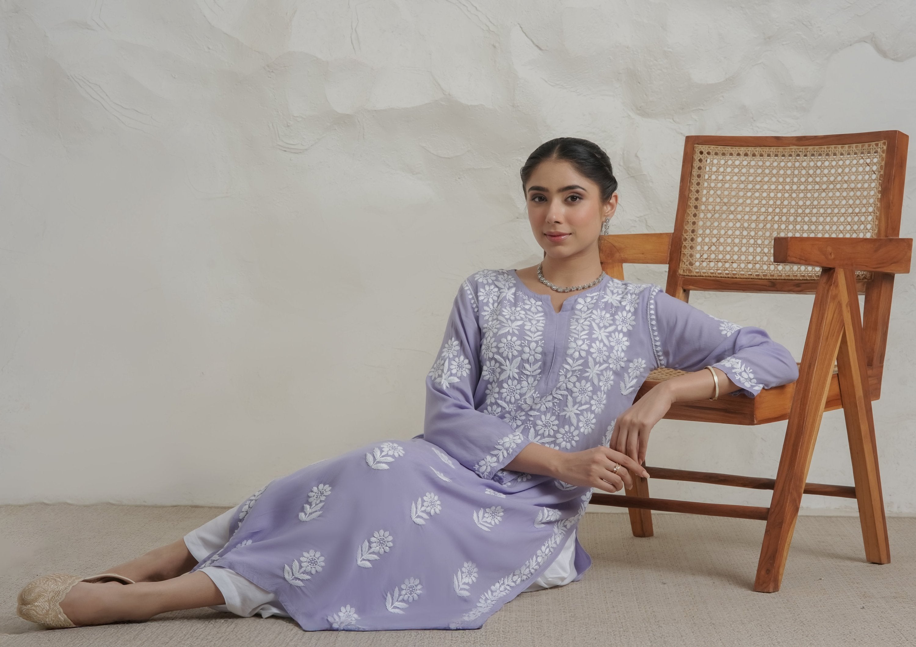 Gharana India Modal Lavender Coloured Chikankari Kurta | Grocsy