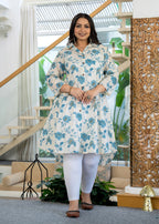 Kaajh Women's Turquoise Floral Printed Plus Size Cotton Kurta | Grocsy