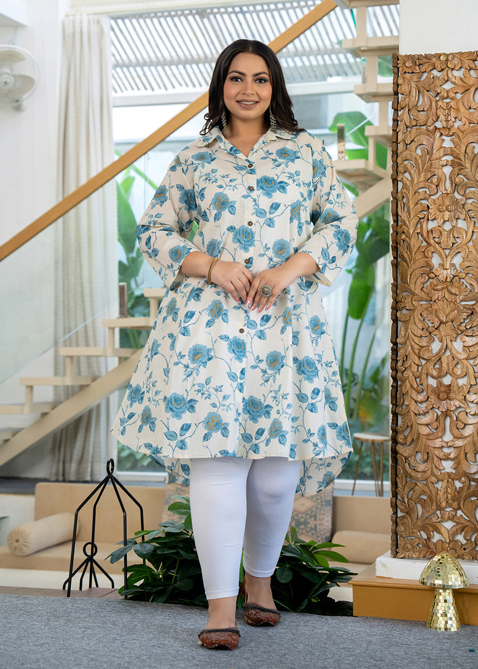 Kaajh Women's Turquoise Floral Printed Plus Size Cotton Kurta | Grocsy