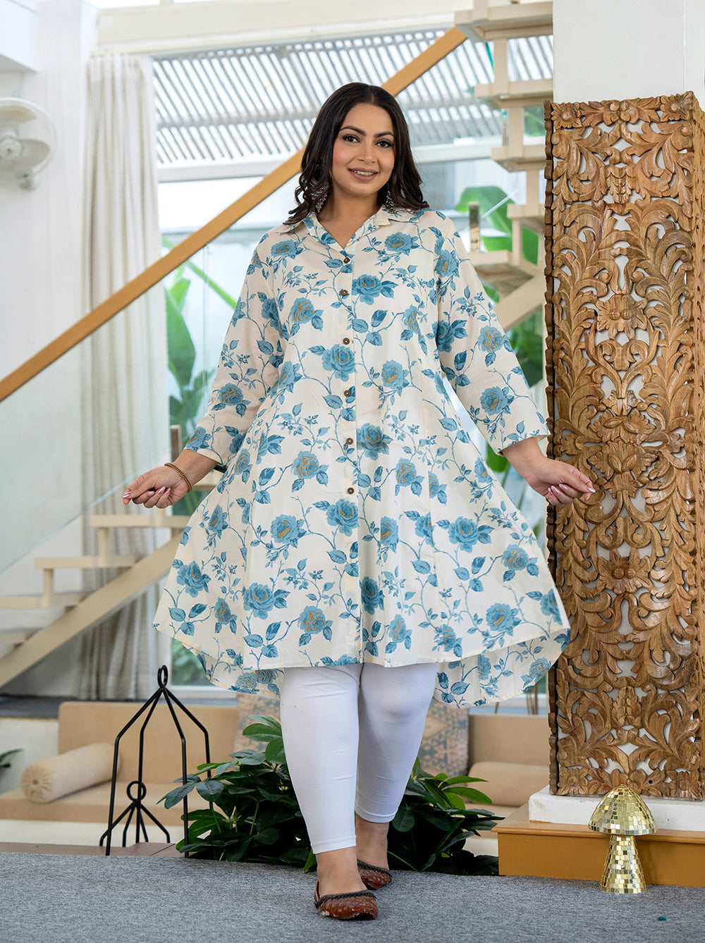Kaajh Women's Turquoise Floral Printed Plus Size Cotton Kurta | Grocsy