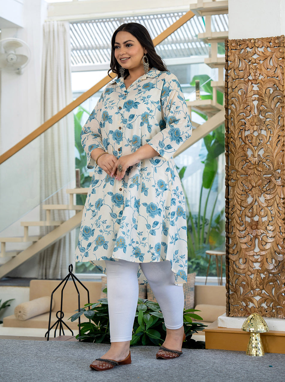 Kaajh Women's Turquoise Floral Printed Plus Size Cotton Kurta | Grocsy