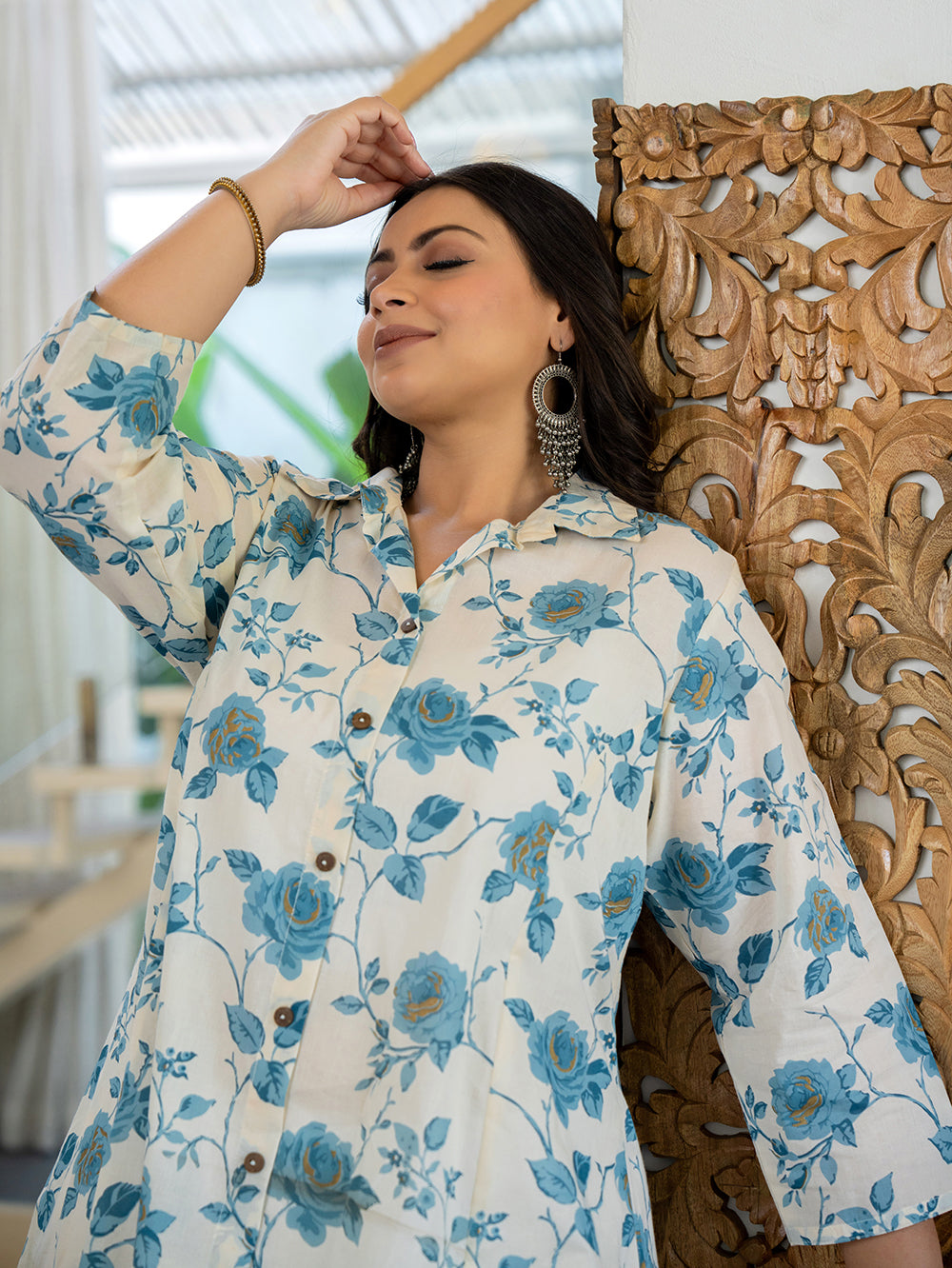 Kaajh Women's Turquoise Floral Printed Plus Size Cotton Kurta | Grocsy