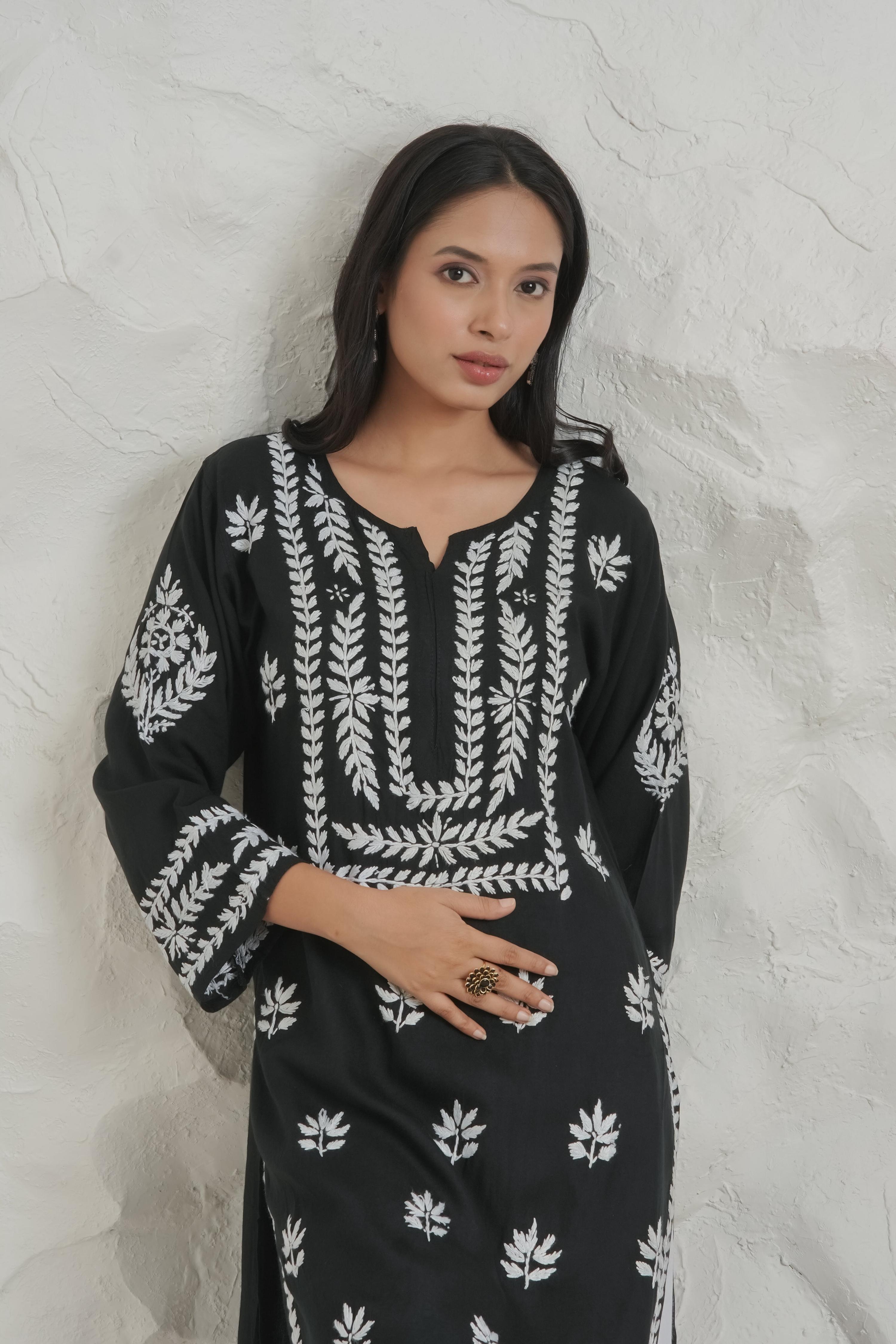 Gharana India Modal Fine Cotton Chikan Kari Kurta – Black | Grocsy