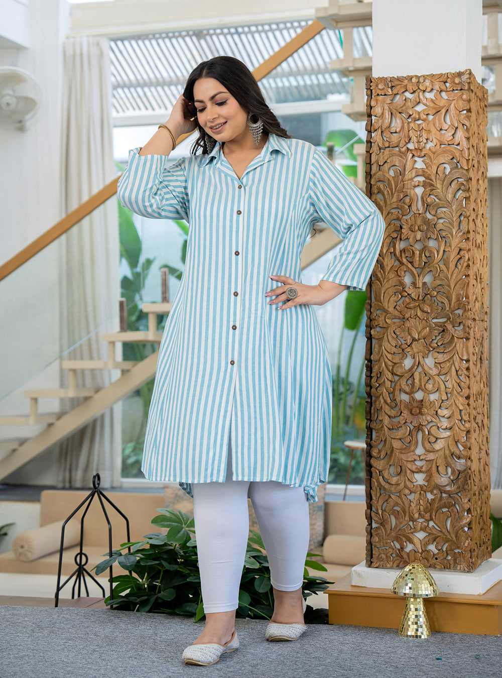 Kaajh Women's White Striped Viscose Rayon Plus Size Kurta | Grocsy