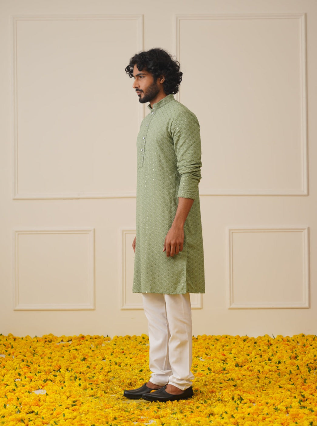 Jompers Men's Pista Green Chikankari Embroidered and Sequence Kurta | Grocsy