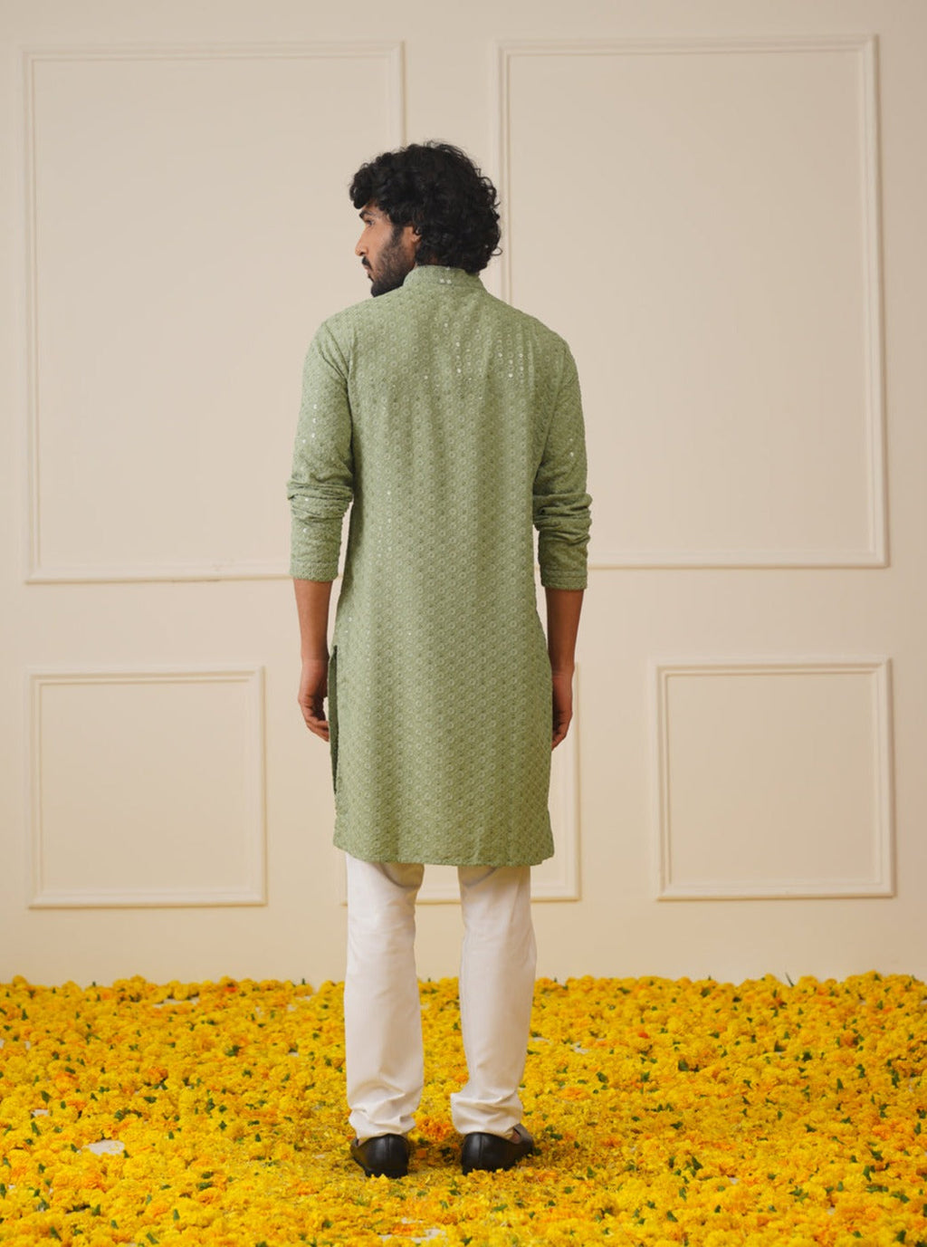 Jompers Men's Pista Green Chikankari Embroidered and Sequence Kurta | Grocsy