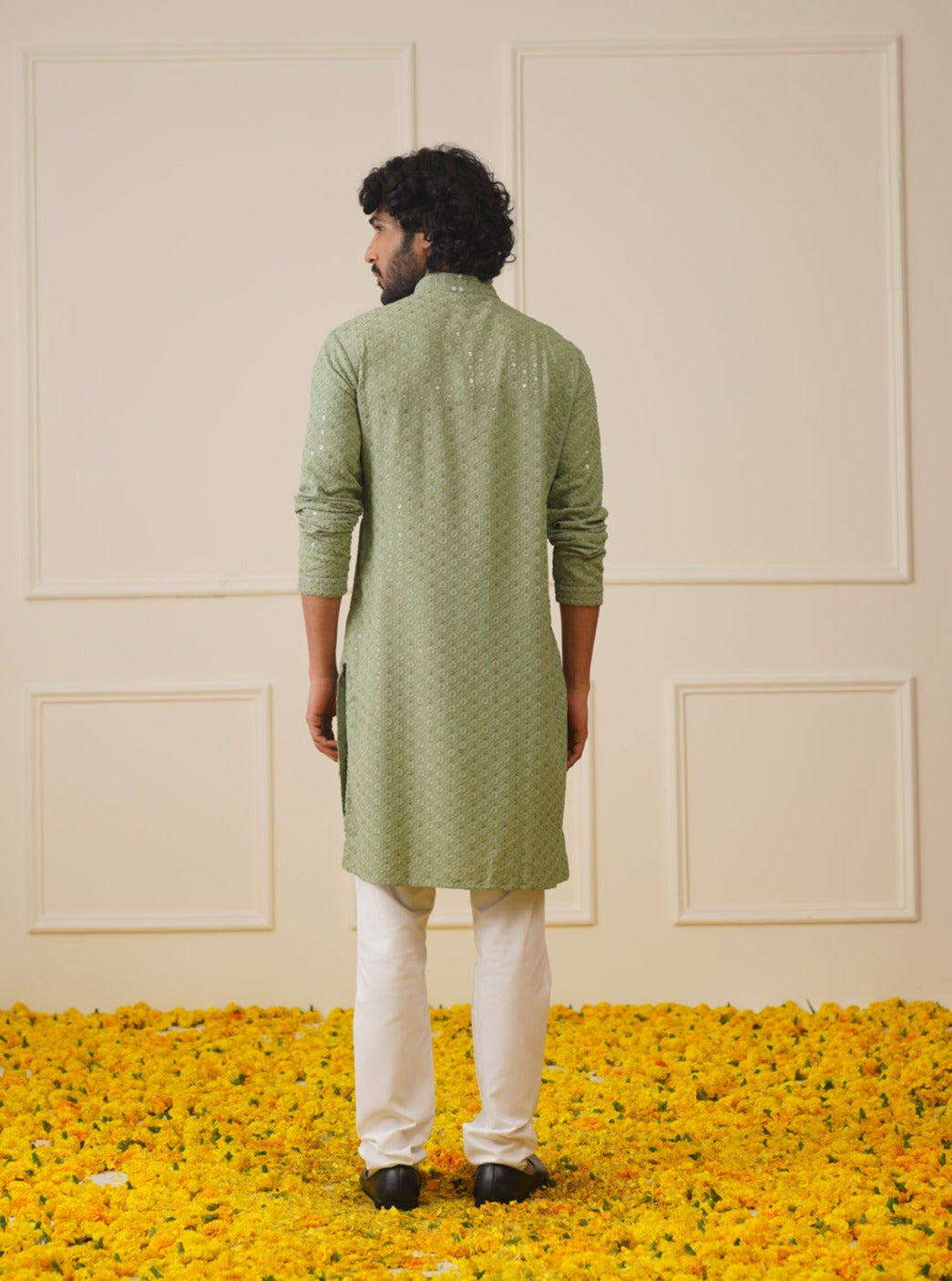 Jompers Men's Pista Green Chikankari Embroidered and Sequence Kurta | Grocsy