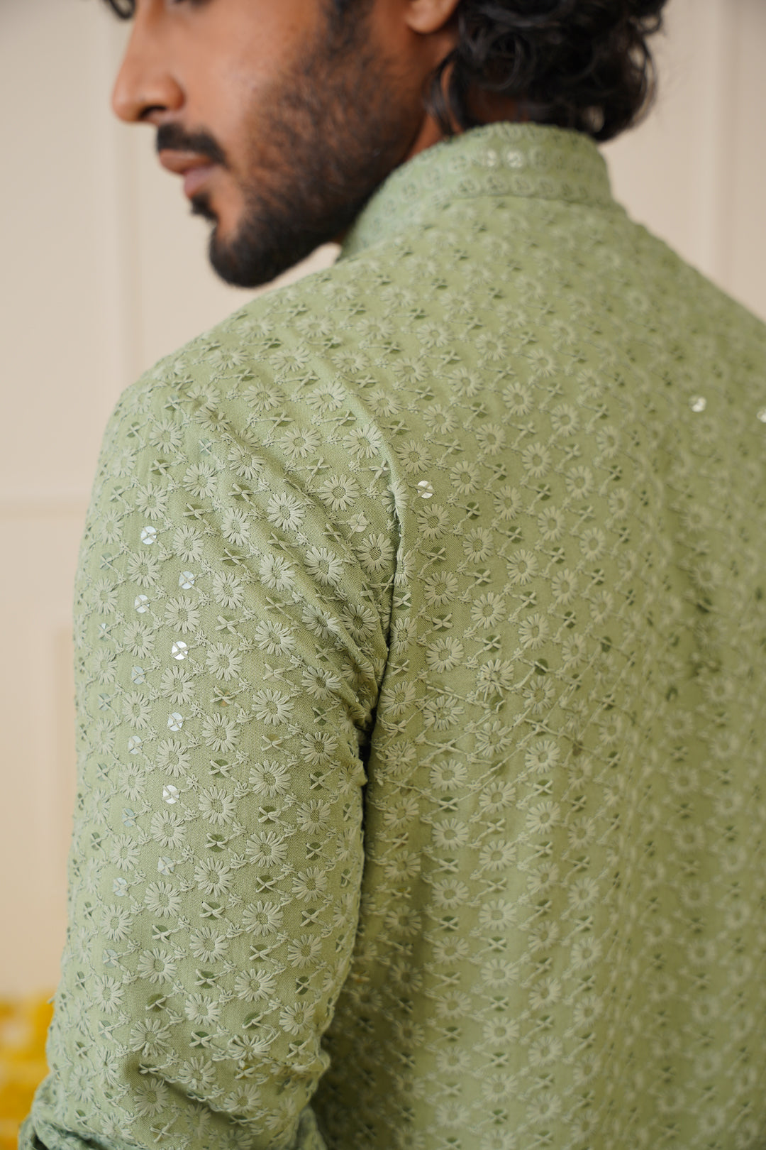 Jompers Men's Pista Green Chikankari Embroidered and Sequence Kurta | Grocsy