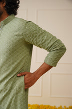 Jompers Men's Pista Green Chikankari Embroidered and Sequence Kurta | Grocsy