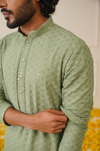 Jompers Men's Pista Green Chikankari Embroidered and Sequence Kurta | Grocsy
