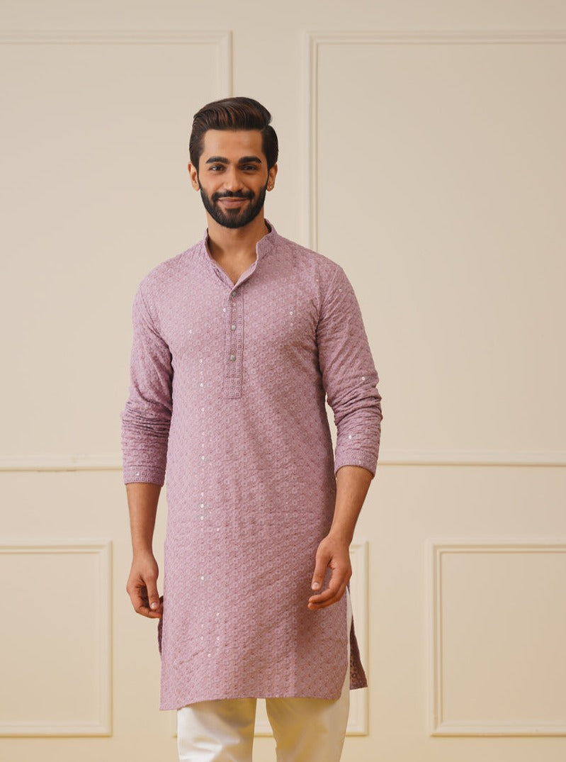 Jompers Men's Light Purple Chikankari Embroidered and Sequence Kurta Only | Grocsy