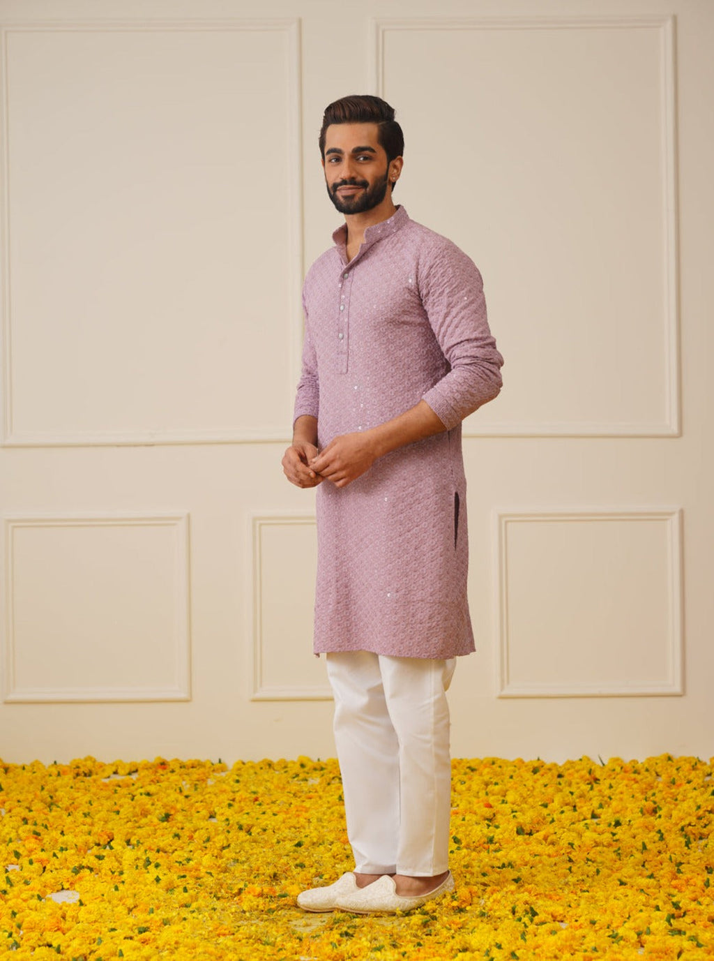 Jompers Men's Light Purple Chikankari Embroidered and Sequence Kurta Only | Grocsy