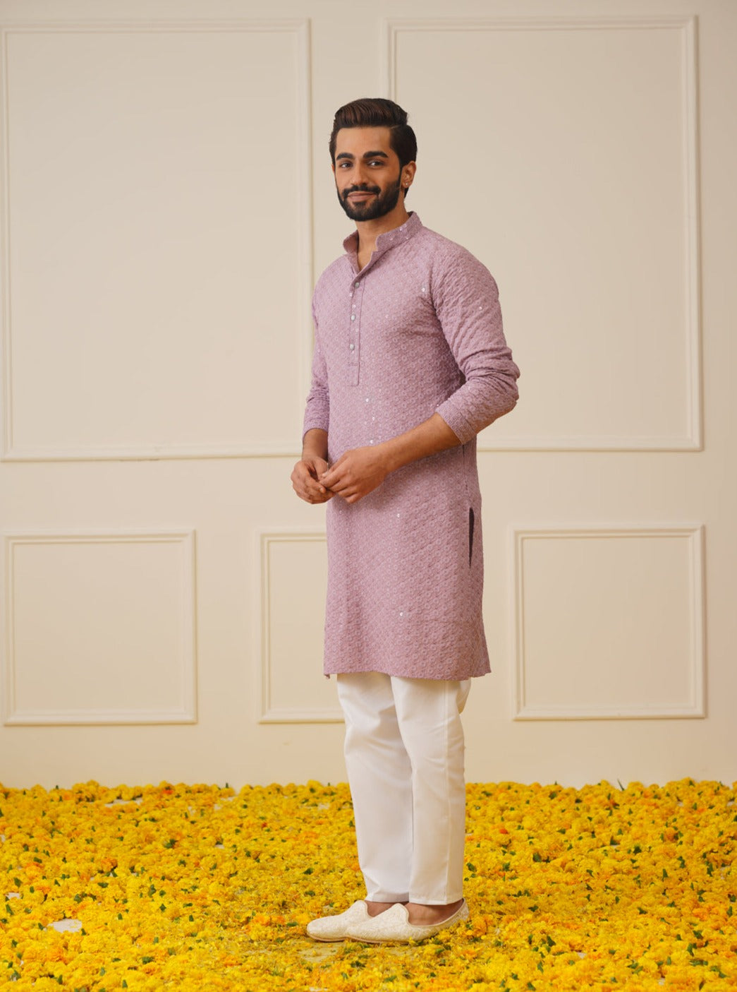 Jompers Men's Light Purple Chikankari Embroidered and Sequence Kurta Only | Grocsy