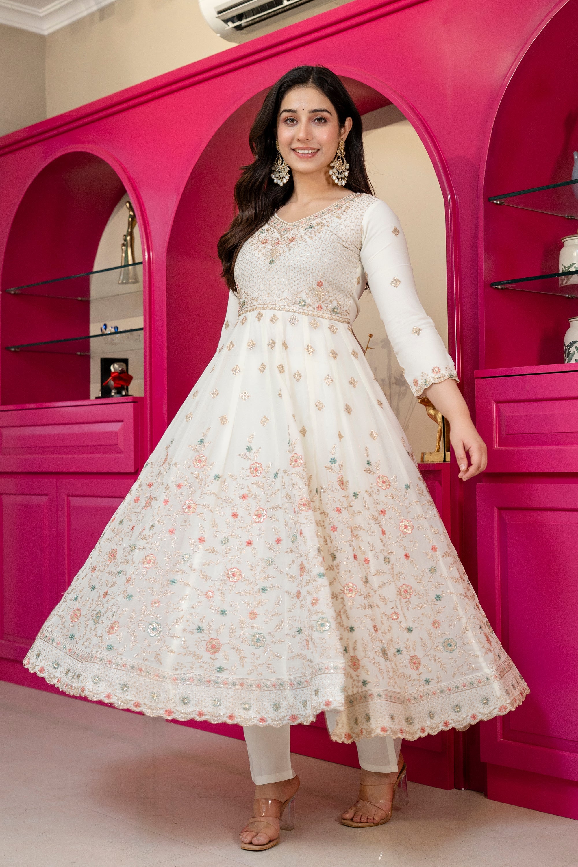 Yash Enterprise Off White Georgette Party Wear Anarkali Suit Set | Grocsy