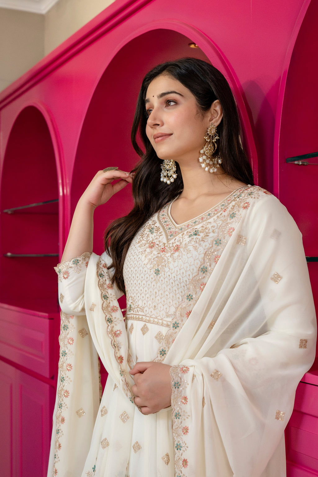 Yash Enterprise Off White Georgette Party Wear Anarkali Suit Set | Grocsy