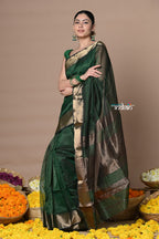 Very Much Indian Rajsi - Handloom Ari Checks Cotton Silk Saree with Golden Border - Dark Green | Grocsy