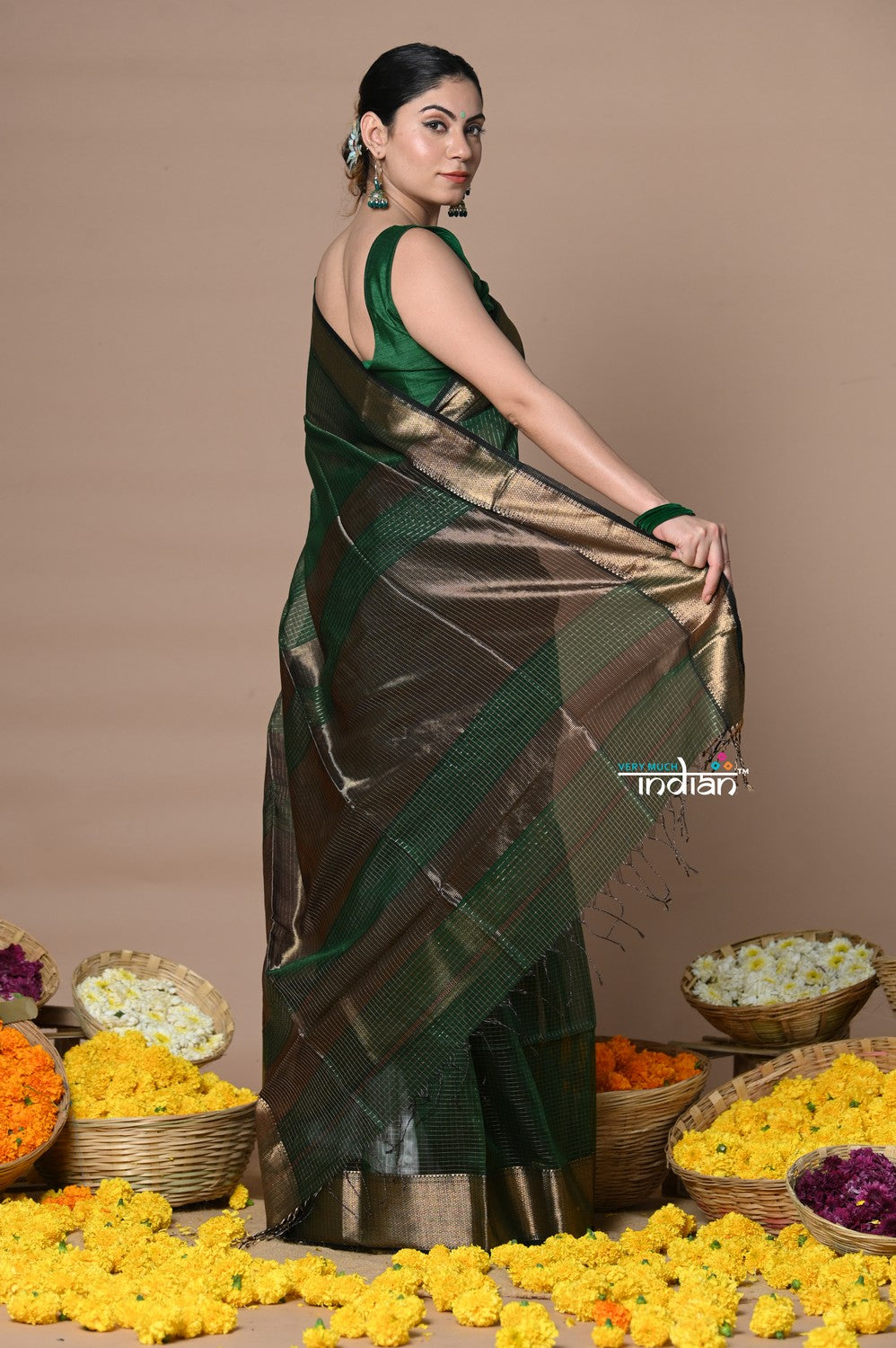 Very Much Indian Rajsi - Handloom Ari Checks Cotton Silk Saree with Golden Border - Dark Green | Grocsy