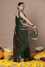 Very Much Indian Rajsi - Handloom Ari Checks Cotton Silk Saree with Golden Border - Dark Green | Grocsy