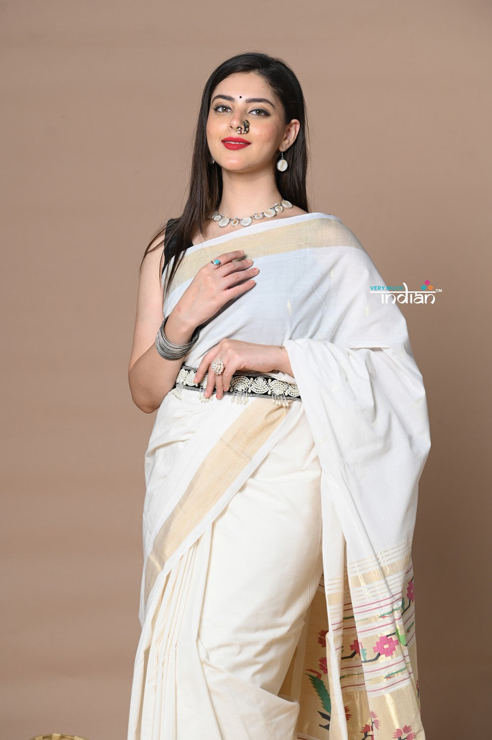 Very Much Indian Rajsi - Handloom Pure Cotton Paithani With Asawali Pallu - White Golden | Grocsy