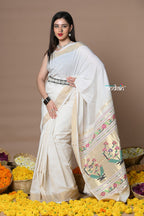Very Much Indian Rajsi - Handloom Pure Cotton Paithani With Asawali Pallu - White Golden | Grocsy