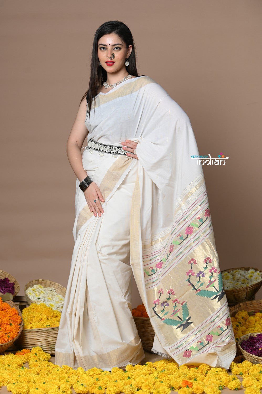 Very Much Indian Rajsi - Handloom Pure Cotton Paithani With Asawali Pallu - White Golden | Grocsy