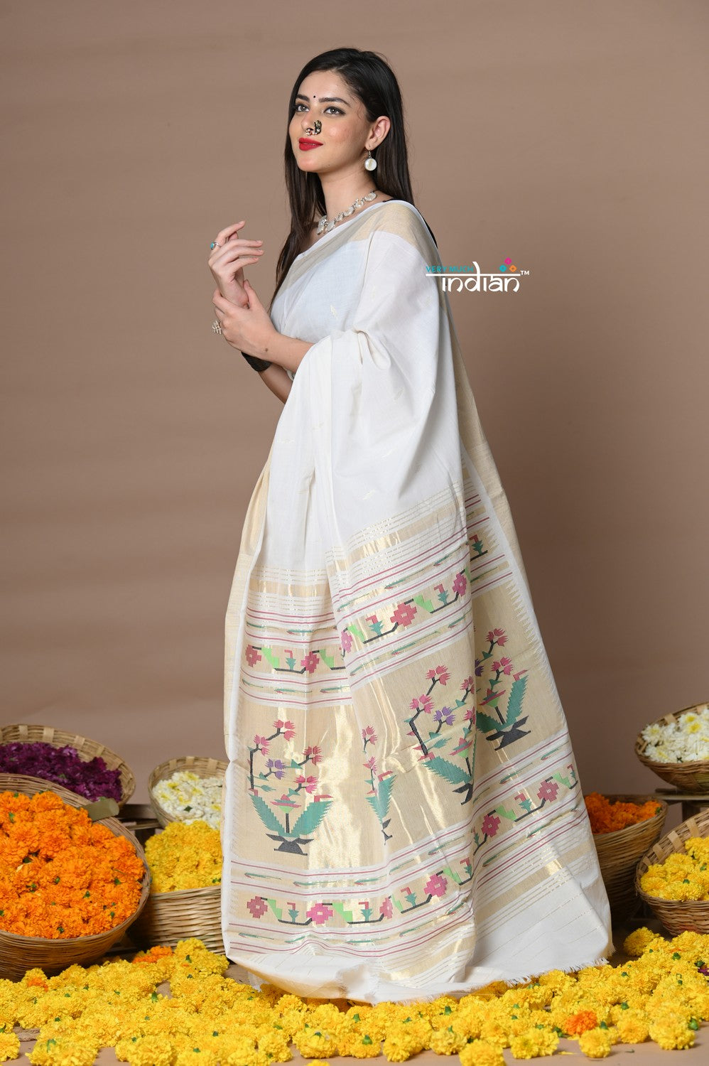 Very Much Indian Rajsi - Handloom Pure Cotton Paithani With Asawali Pallu - White Golden | Grocsy