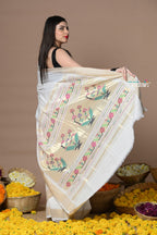 Very Much Indian Rajsi - Handloom Pure Cotton Paithani With Asawali Pallu - White Golden | Grocsy