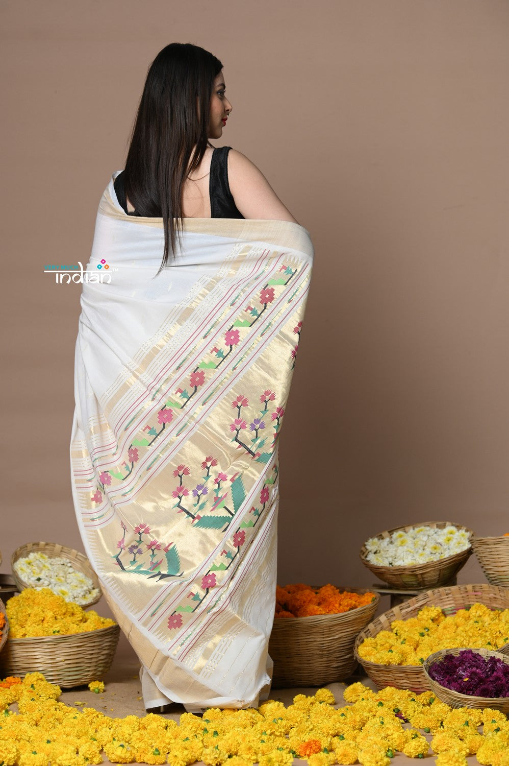 Very Much Indian Rajsi - Handloom Pure Cotton Paithani With Asawali Pallu - White Golden | Grocsy
