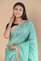 Very Much Indian Handloom Cotton Silk Saree With Sleek Golden Border - teal green | Grocsy