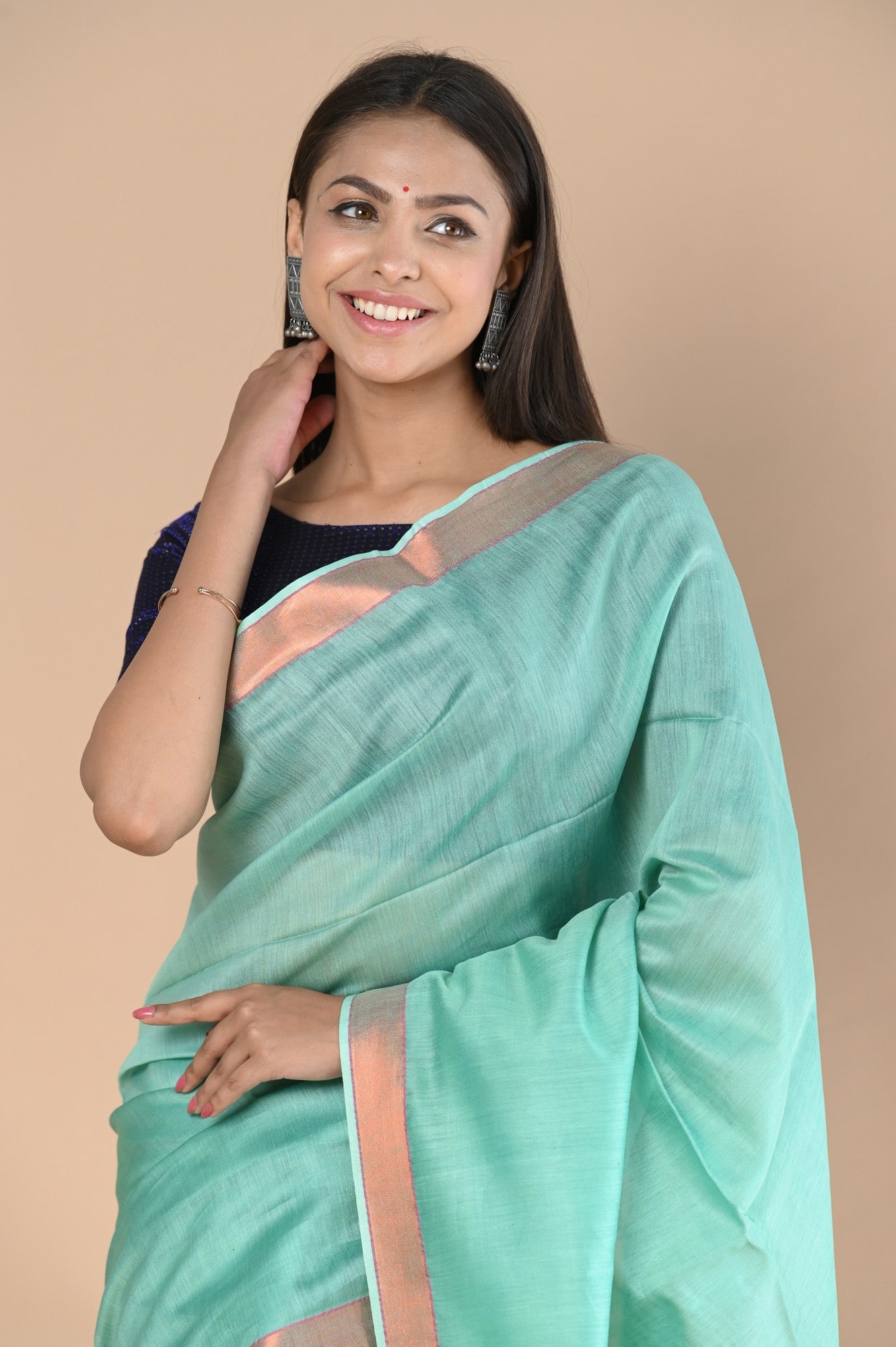 Very Much Indian Handloom Cotton Silk Saree With Sleek Golden Border - teal green | Grocsy