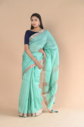 Very Much Indian Handloom Cotton Silk Saree With Sleek Golden Border - teal green | Grocsy