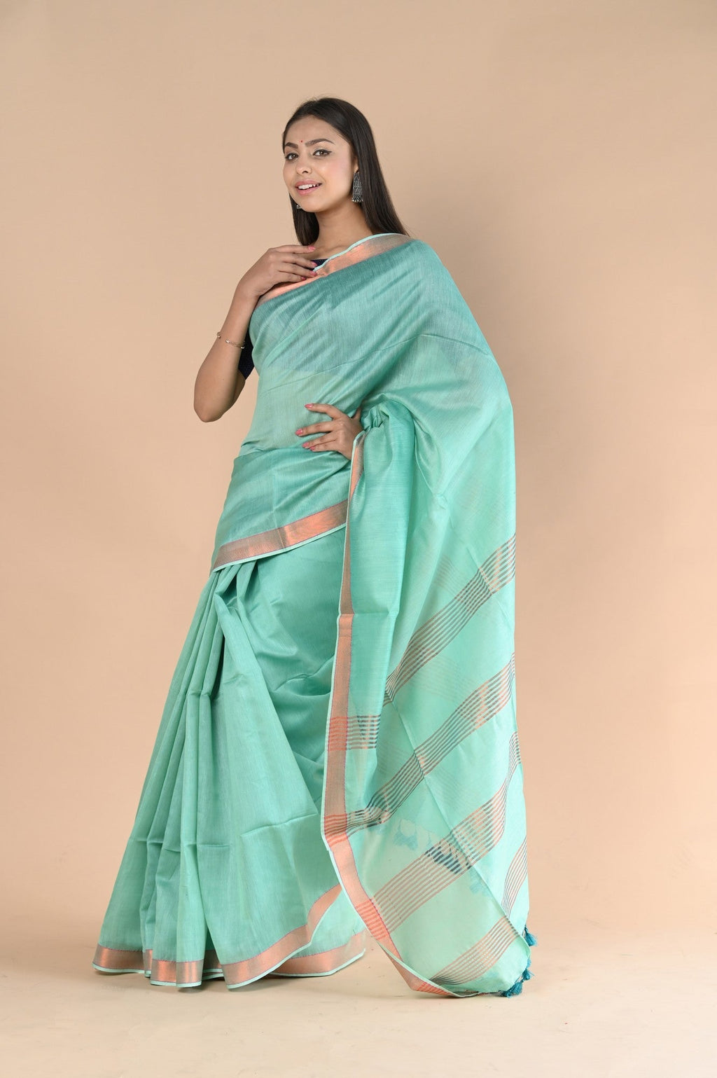 Very Much Indian Handloom Cotton Silk Saree With Sleek Golden Border - teal green | Grocsy