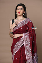 Very Much Indian Rajsi - Handloom Pure Cotton Saree with Hand-embroidered Symmetric Border - Maroon | Grocsy