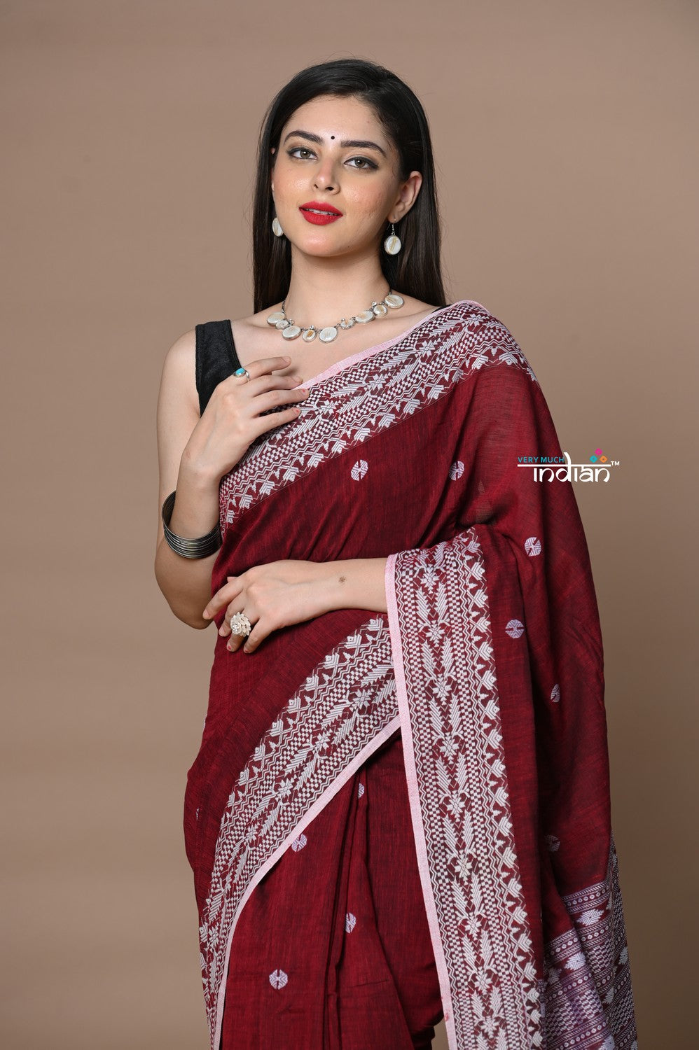 Very Much Indian Rajsi - Handloom Pure Cotton Saree with Hand-embroidered Symmetric Border - Maroon | Grocsy