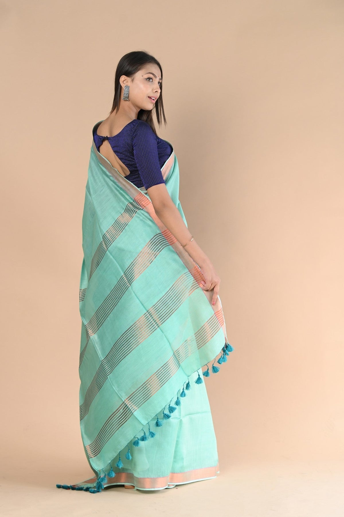 Very Much Indian Handloom Cotton Silk Saree With Sleek Golden Border - teal green | Grocsy