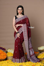 Very Much Indian Rajsi - Handloom Pure Cotton Saree with Hand-embroidered Symmetric Border - Maroon | Grocsy