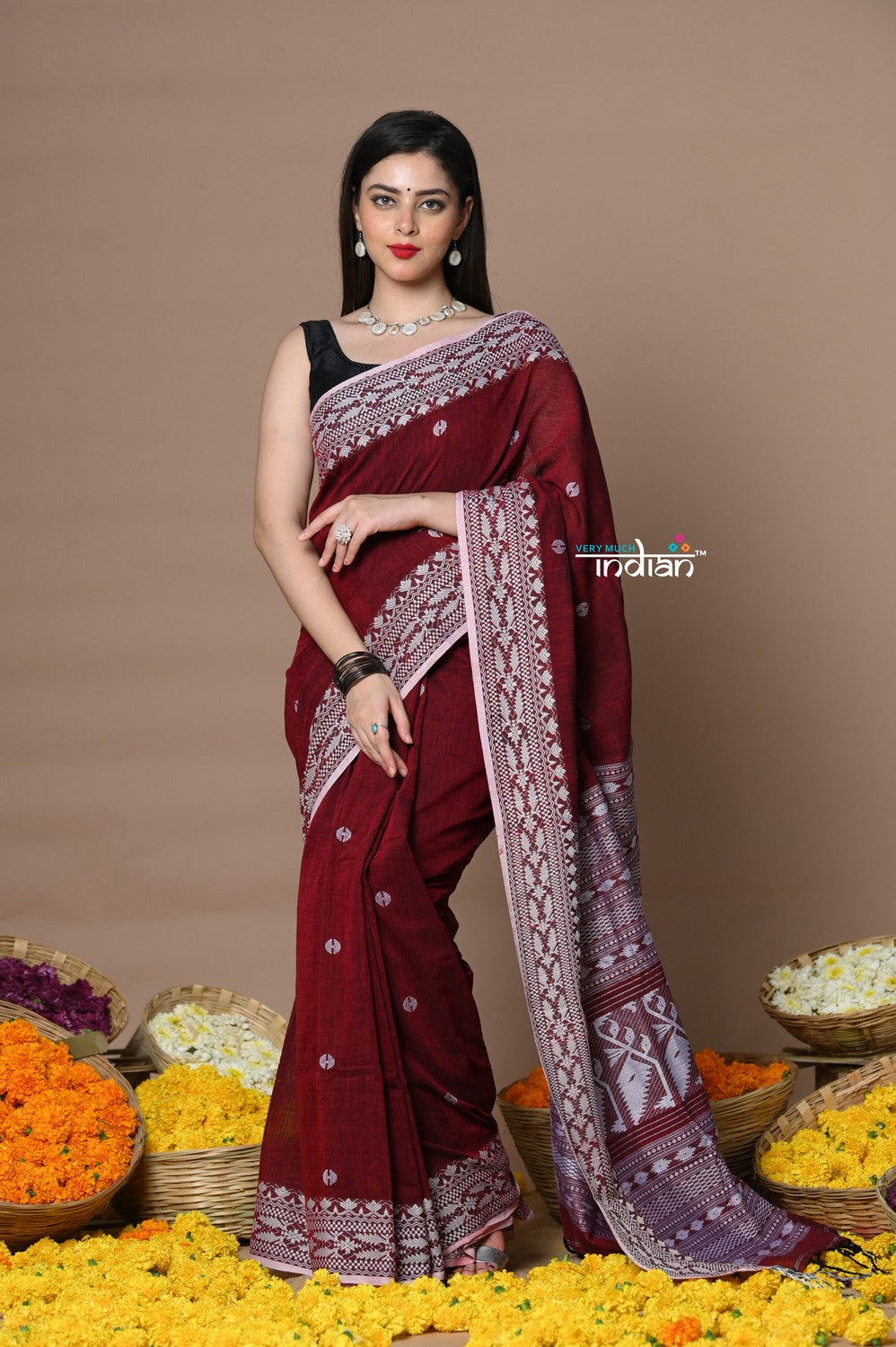 Very Much Indian Rajsi - Handloom Pure Cotton Saree with Hand-embroidered Symmetric Border - Maroon | Grocsy