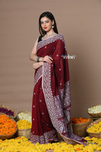 Very Much Indian Rajsi - Handloom Pure Cotton Saree with Hand-embroidered Symmetric Border - Maroon | Grocsy