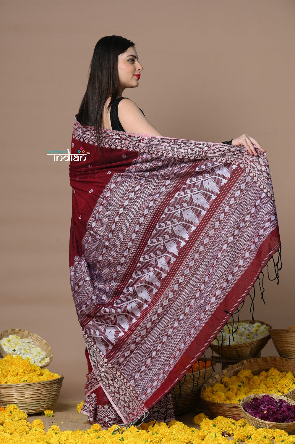 Very Much Indian Rajsi - Handloom Pure Cotton Saree with Hand-embroidered Symmetric Border - Maroon | Grocsy